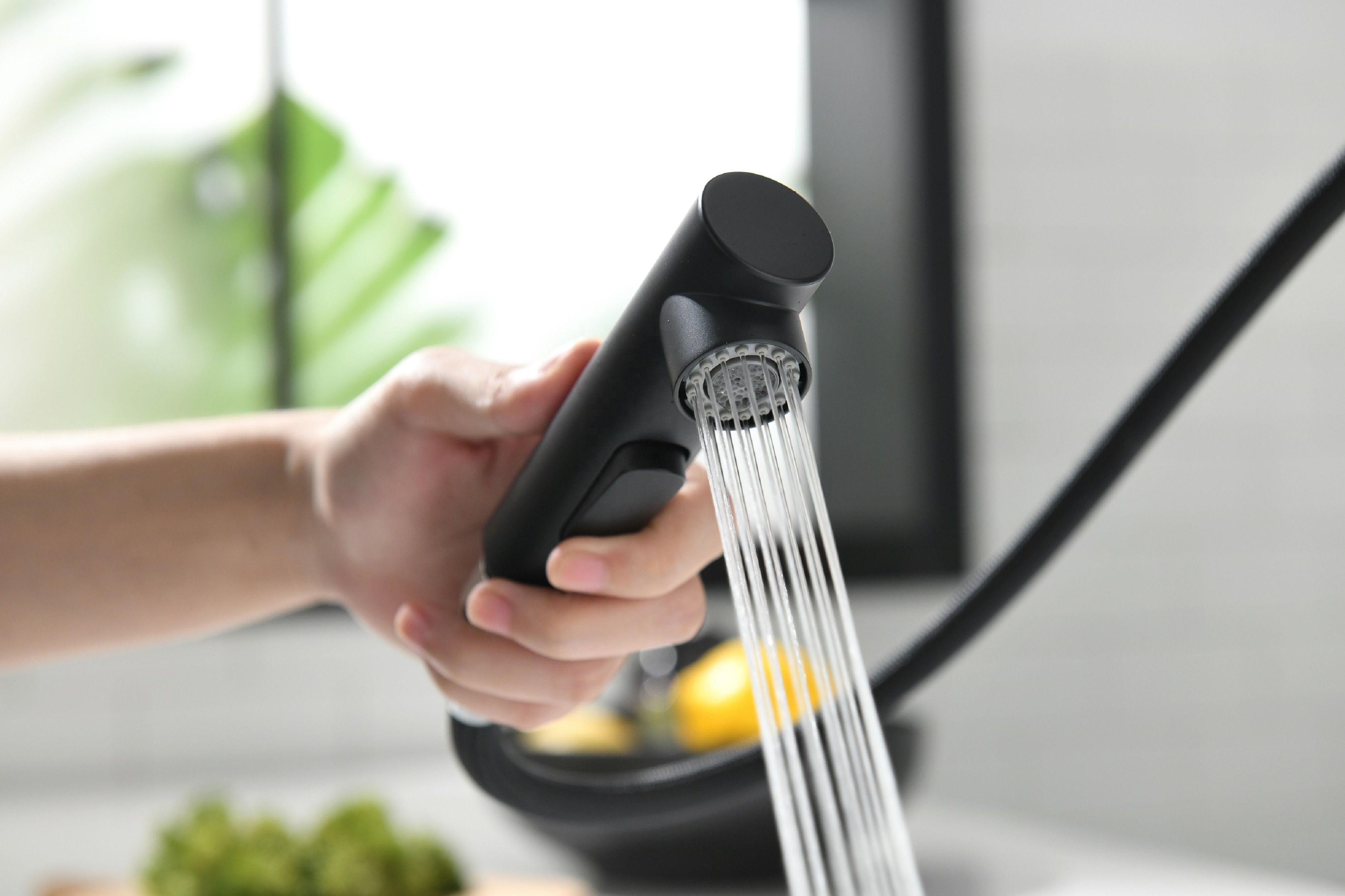 Fregadero de cocina moderno con grifo, grifo extraíble para cocina, purificador de agua en negro mate