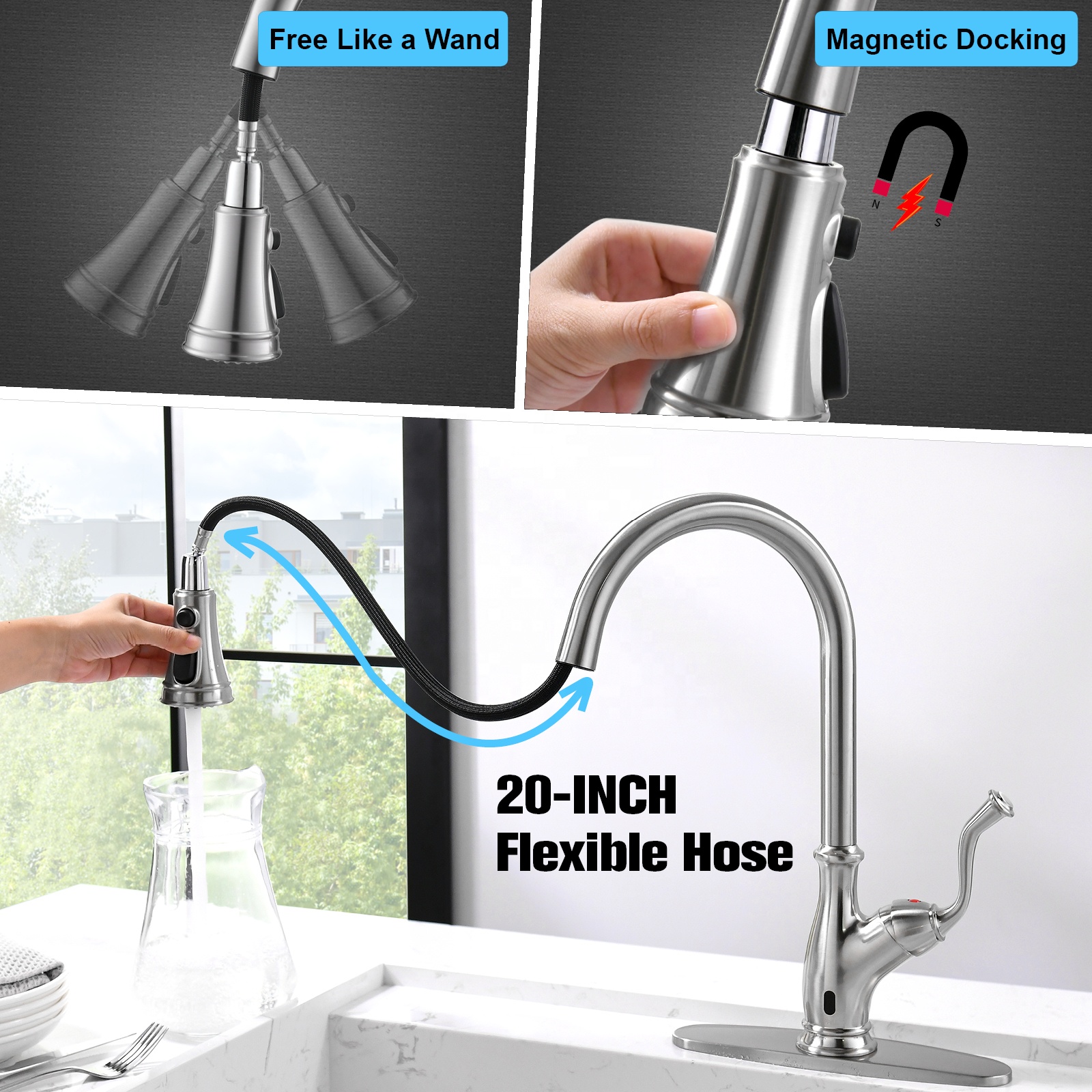 Gran oferta, grifo de cocina extraíble con Sensor sin contacto de acero inoxidable 304 con rociador