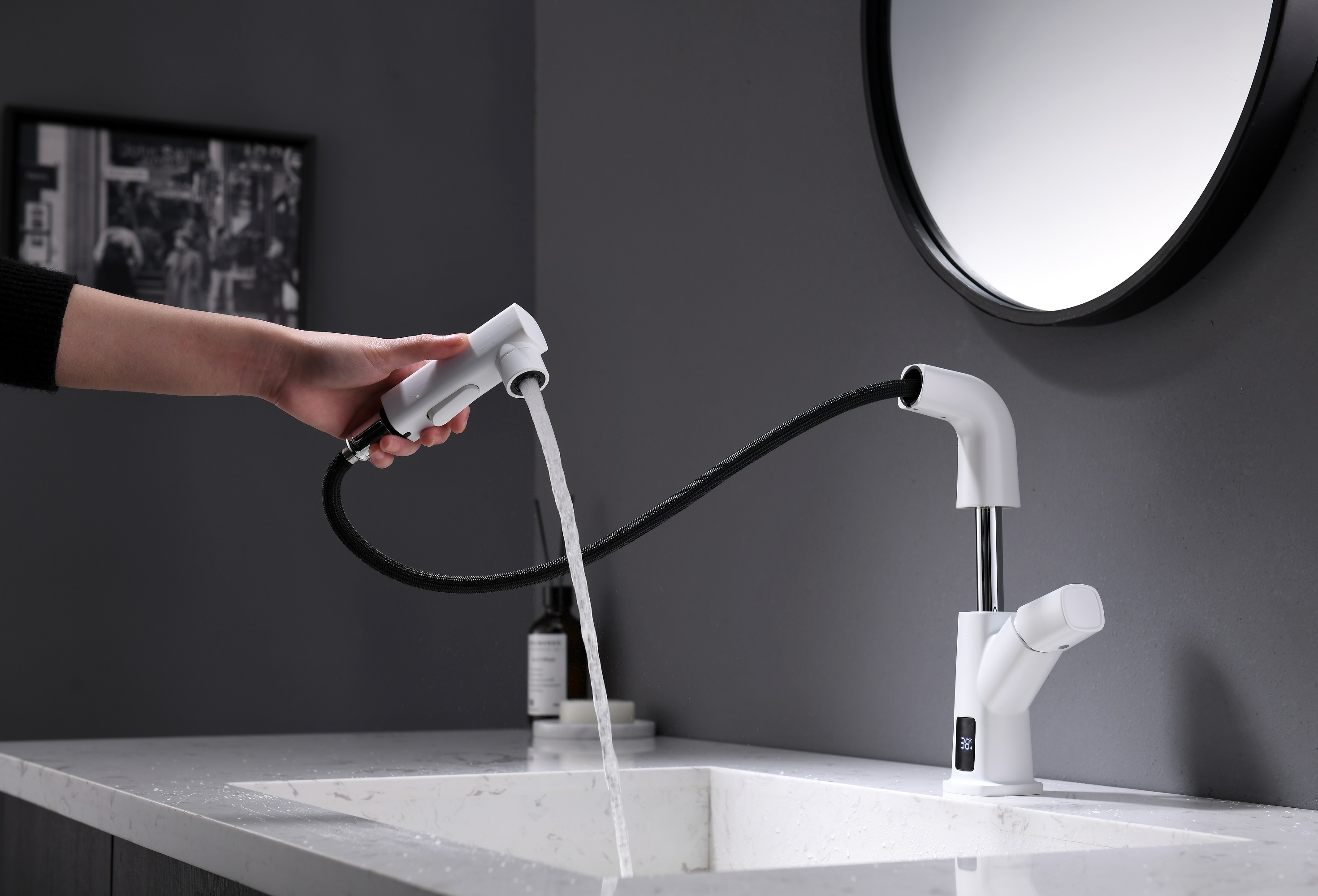 Grifo de baño con pantalla de temperatura, grifo de lavabo extraíble de acero inoxidable negro