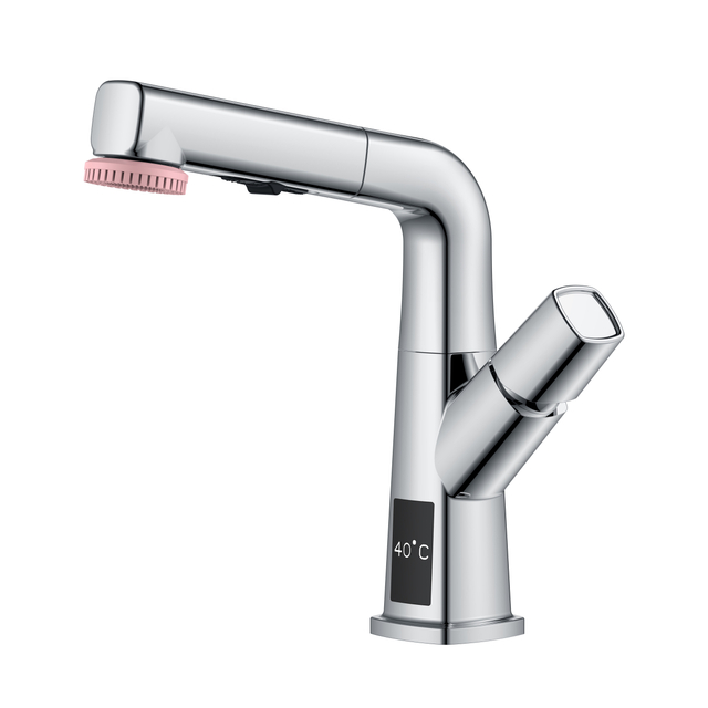 Grifo cromado para baño, grifo extraíble para lavabo, pantalla de temperatura