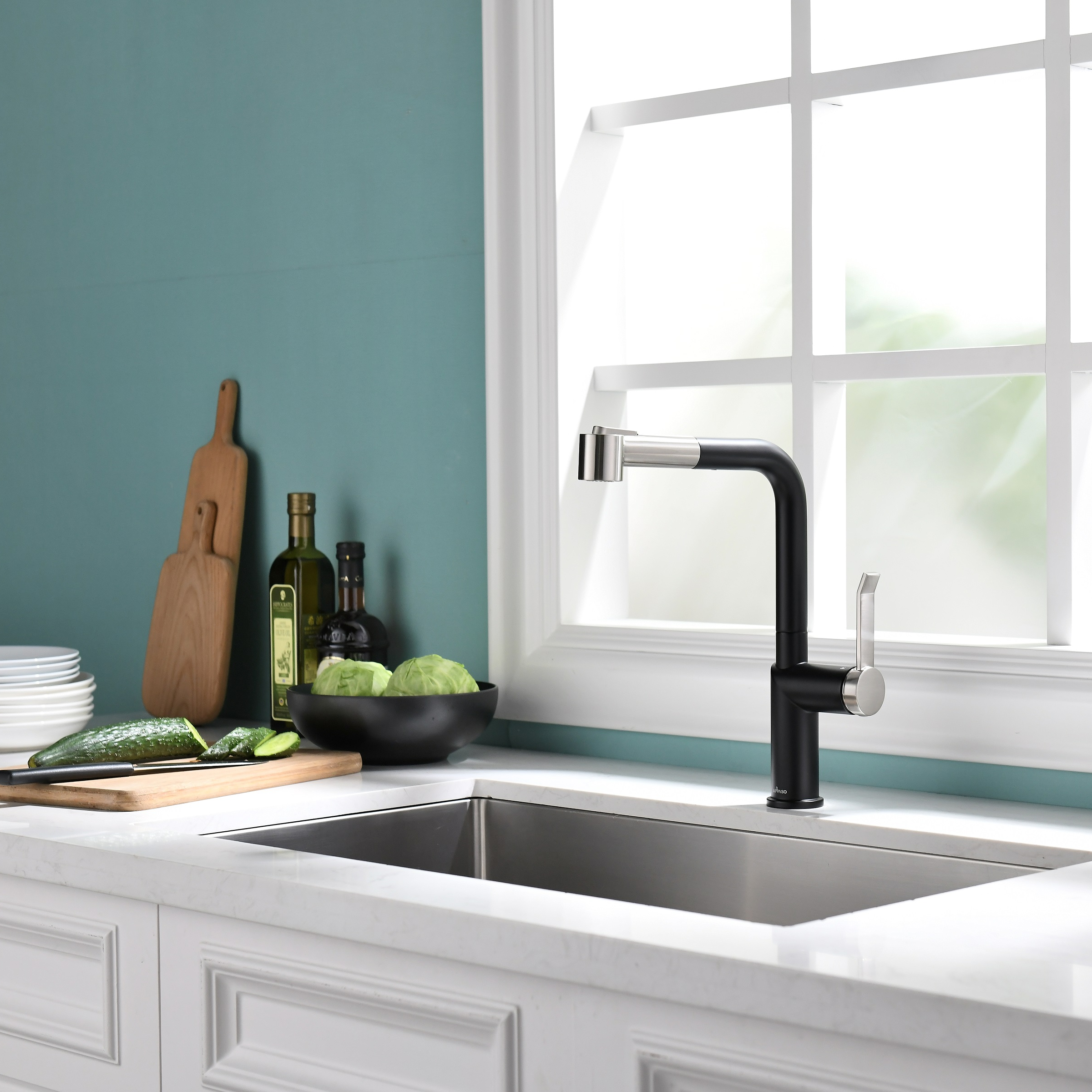 Grifo de cocina extraíble de estilo moderno de níquel cepillado + negro