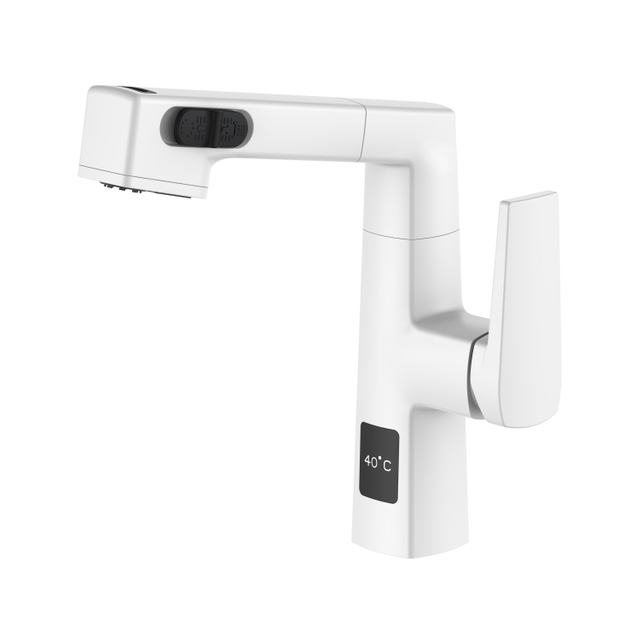 Grifo de baño extraíble blanco mate de altura ajustable con pantalla de temperatura de último diseño