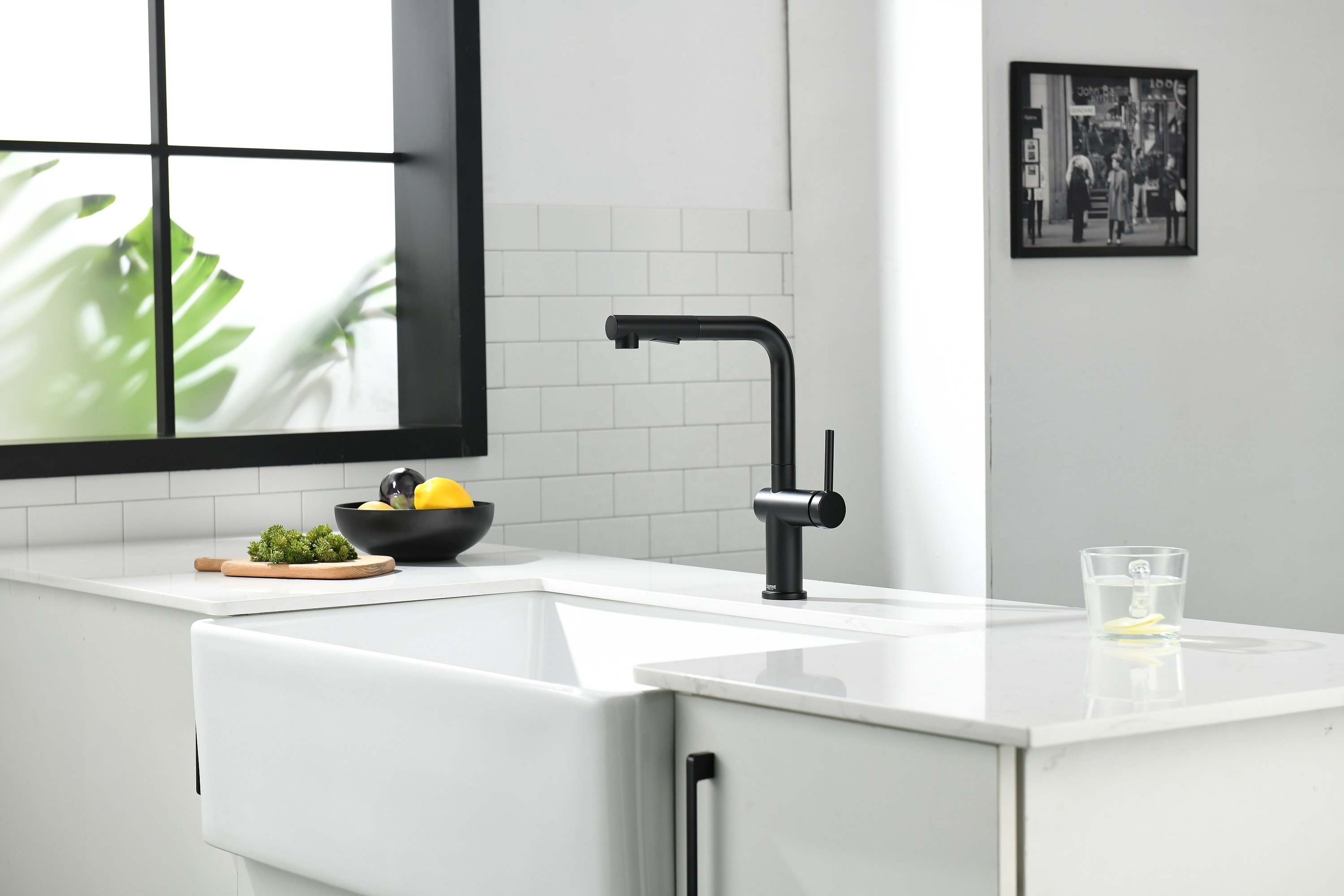 Fregadero de cocina moderno con grifo, grifo extraíble para cocina, purificador de agua en negro mate