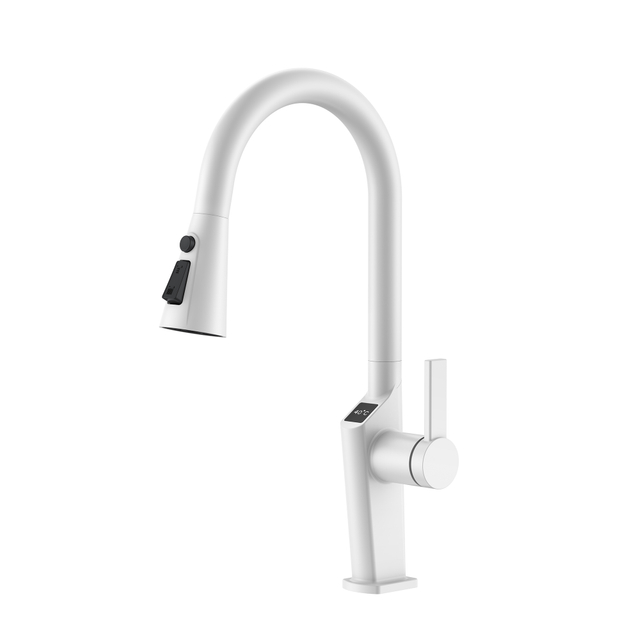 Grifos de cocina abatibles con pantalla de temperatura hidroeléctrica blanca mate Grifos de cocina negros