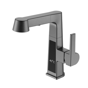Grifo de lavabo de acero inoxidable negro cuadrado, grifo de baño extraíble con pantalla de temperatura