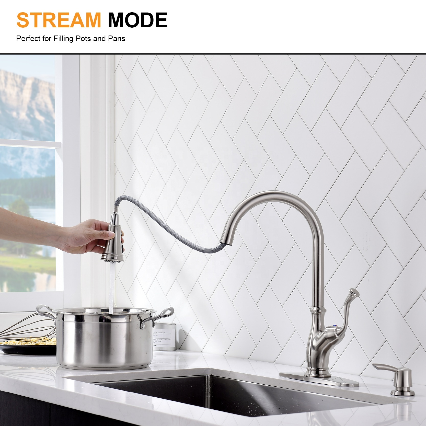 APS175-BN Grifo multifuncional Grifo Grifo de cocina extraíble de níquel cepillado Amazon de 3 vías