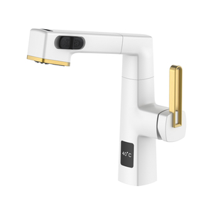  Pantalla de temperatura Diseño único Blanco y dorado Grifo de baño extraíble Altura ajustable