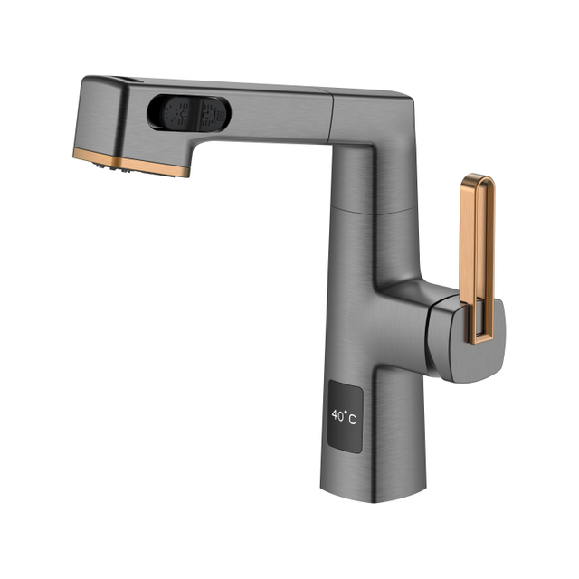  Pantalla de temperatura Diseño único Acero inoxidable negro y oro rosa Grifo de baño extraíble Altura ajustable